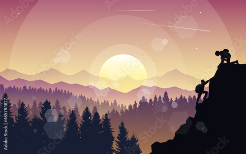 Man and woman climbing mountain. Teamwork. Travel concept of discovering, exploring, observing nature. Hiking tourism. Adventure. Minimalist graphic flyer. Polygonal flat design. Poster illustration © Yurii