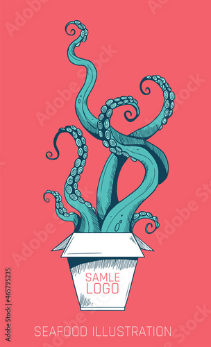 colored bright illustration with tentacles: seafood, graphic style