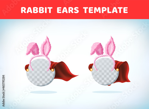 Rabbit ears. Hare ears on the rim. Masquerade costume headdress. Carnival or Halloween accessory. Cartoon Vector illustration. Red cape. Cartoon template.
