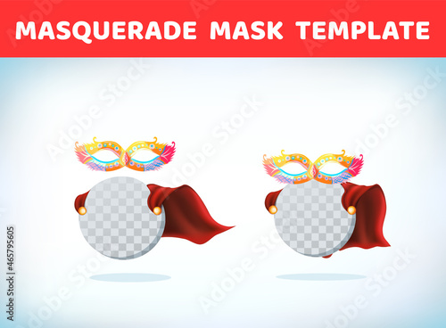 Masquerade mask. Masquerade costume headdress. Carnival or Halloween mask. Cartoon Vector illustration. Red cape. Cartoon template. photo