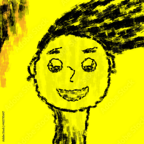Happy gerl with developing hair similar to the style of Basquiat. Little child abstract art portrait, illustration of woman photo
