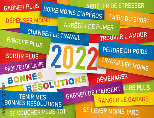 Carte de vœux 2022 présentant une liste de bonnes résolutions écrite sur des étiquettes de couleurs. photo