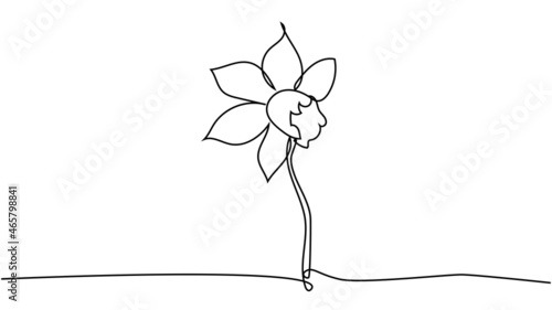 One single line drawing of beauty fresh narcissus for garden logo. Printable decorative daffodil flower