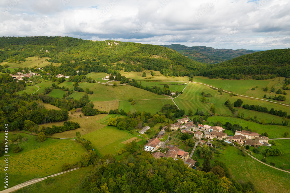 Rural little French village aerial view