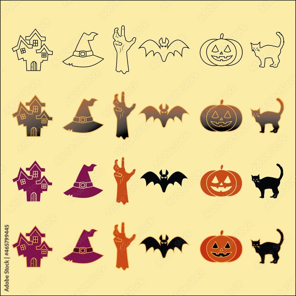 Smiling and funny Halloween illustrations set: pumpkin, ghost, cat, hat, hand. Isolated icons