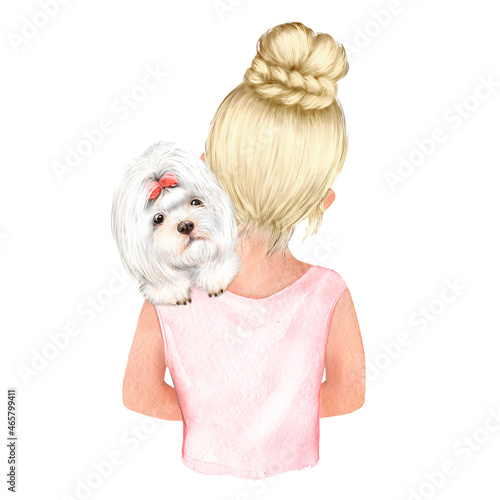 watercolor illustration of a little girl with a dog in her arms, a girl with a puppy, friends 