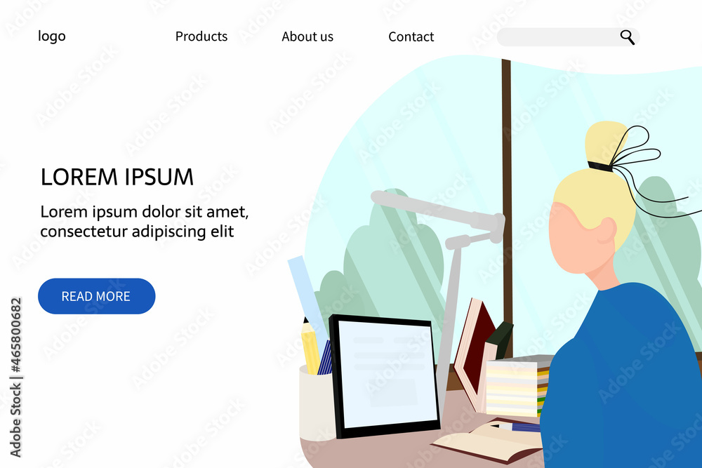 online education Landing page template with a girl sitting at a desk studying with a tablet. Vector illustration in a flat style online education Landing page template with a girl sitting at a desk studying with a tablet. Vector illustration in a flat style