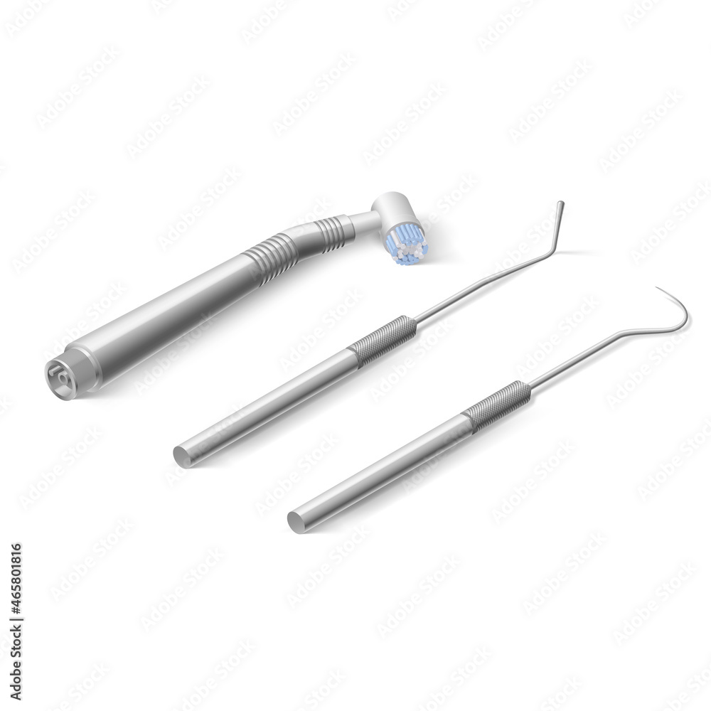 Basic Dentist Instruments and Tools Laid Out on White Backdrop. A Set of Metal Medical Equipment for Teeth Dental Care. Dental Hygiene and Healthcare Concept Basic Dentist Instruments and Tools Laid Out on White Backdrop. A Set of Metal Medical Equipment for Teeth Dental Care. Dental Hygiene and Healthcare Concept