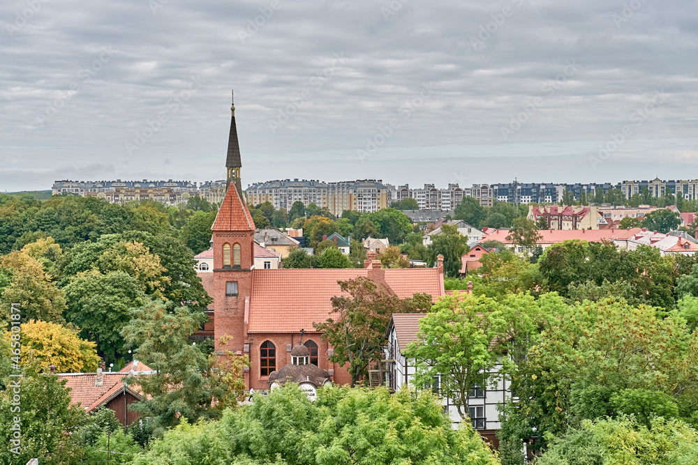 View of Orthodox Transfiguration Cathedral and city of Zelenogradsk, Russia. Travel concept