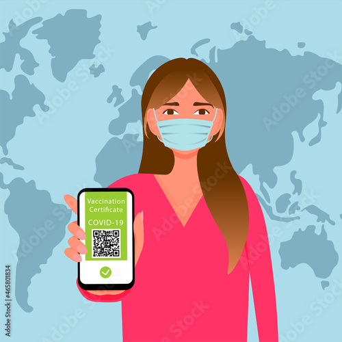  Vaccinated  woman using digital health passports to travel. Immunization certificate with qr code on device screen. Illustration, vector