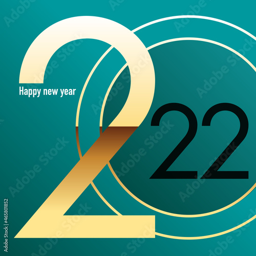 Concept graphique pour une carte de vœux élégante et tendance, avec l’année 2022 qui s’inscrit en doré sur un fond turquoise.