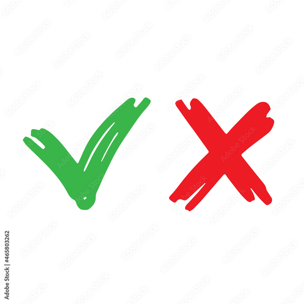 Green check mark and red cross symbol with sloppy lines. Vector illustration. Green check mark and red cross symbol with sloppy lines. Vector illustration.