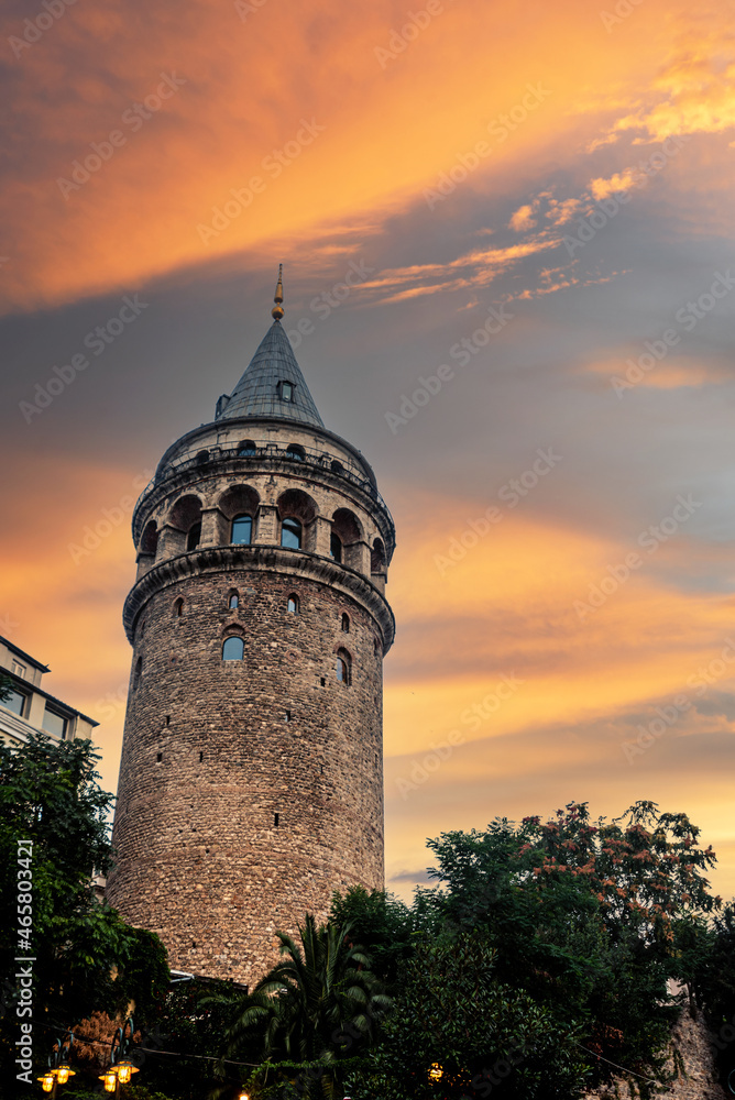 The Galata Tower in Beyoglu neighborhood of Istanbul, Turkey at golden hour