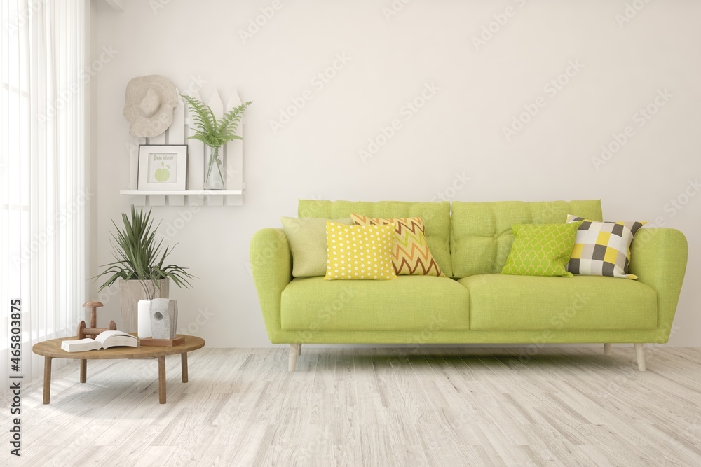 Fototapeta premium White living room with sofa. Scandinavian interior design. 3D illustration
