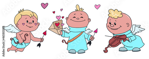 
Set of vector St.Valentines Day elements in hand-drawn style. Illustrations of gift envelops, hearts and cupids for decoration, window dressing, cards.