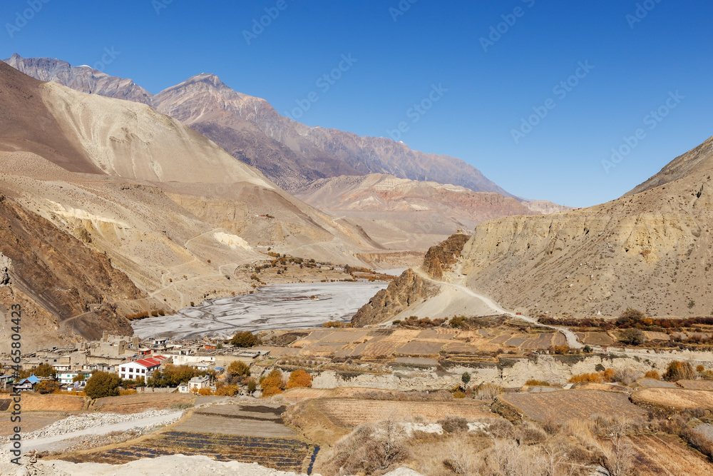 Kagbeni village and Kali Gandaki river. Mustang District, Nepal
