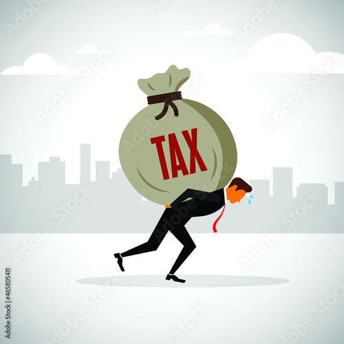Tax. man carrying tax bag. Tax burden on businessman