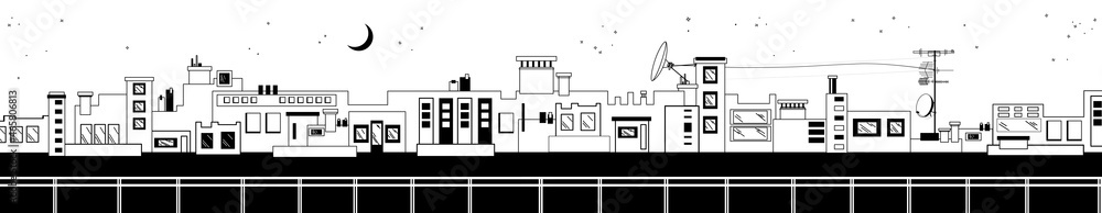 black and white background, night city landscape, city at night, buildings in the city, background moon and houses, stylization of houses and buildings, high-rise buildings silhouette 