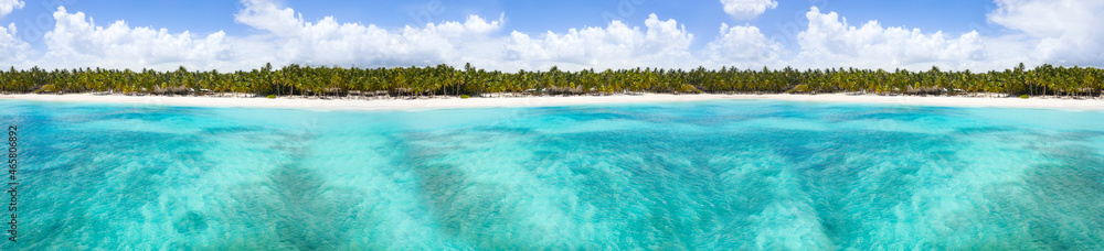 Aerial view on tropical island with palm trees and caribbean sea. Long banner