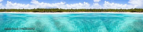 Fototapeta Naklejka Na Ścianę i Meble -  Aerial view on tropical island with palm trees and caribbean sea. Long banner