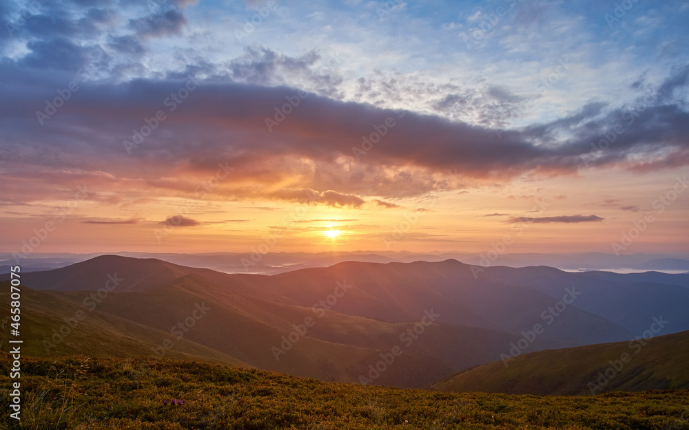 Beautiful sunrise in the mountains. Morning landscape panorama