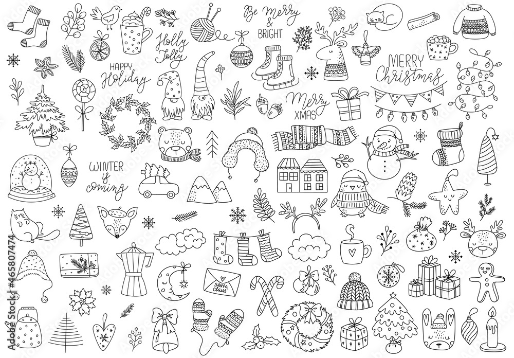 Vector hand drawn collection of cute doodles for Christmas and New Year. Doodle line isolated illustration. Winter holidays, baby shower, birthday, children's party