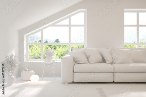 Stylish room in white color with sofa and summer landscape in window. Scandinavian interior design. 3D illustration