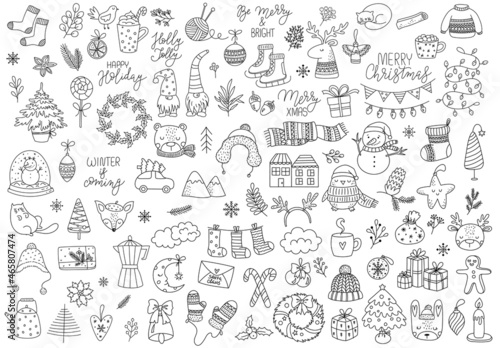 Vector hand drawn collection of cute doodles for Christmas and New Year. Doodle line isolated illustration. Winter holidays  baby shower  birthday  children s party