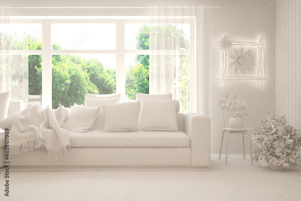 Mock up of stylish room in white color with sofa and green landscape in window. Scandinavian interior design. 3D illustration
