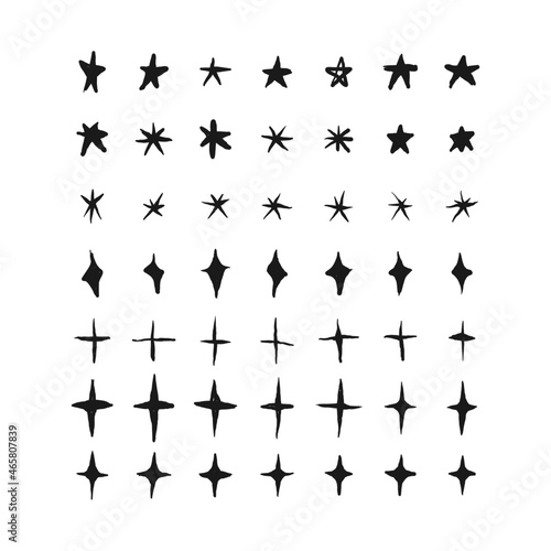 Set of shine icons, clean star icon, twinkling stars, sparkle light, shining burst vector design concept. Hand drawn, doodle elements isolated on white background
