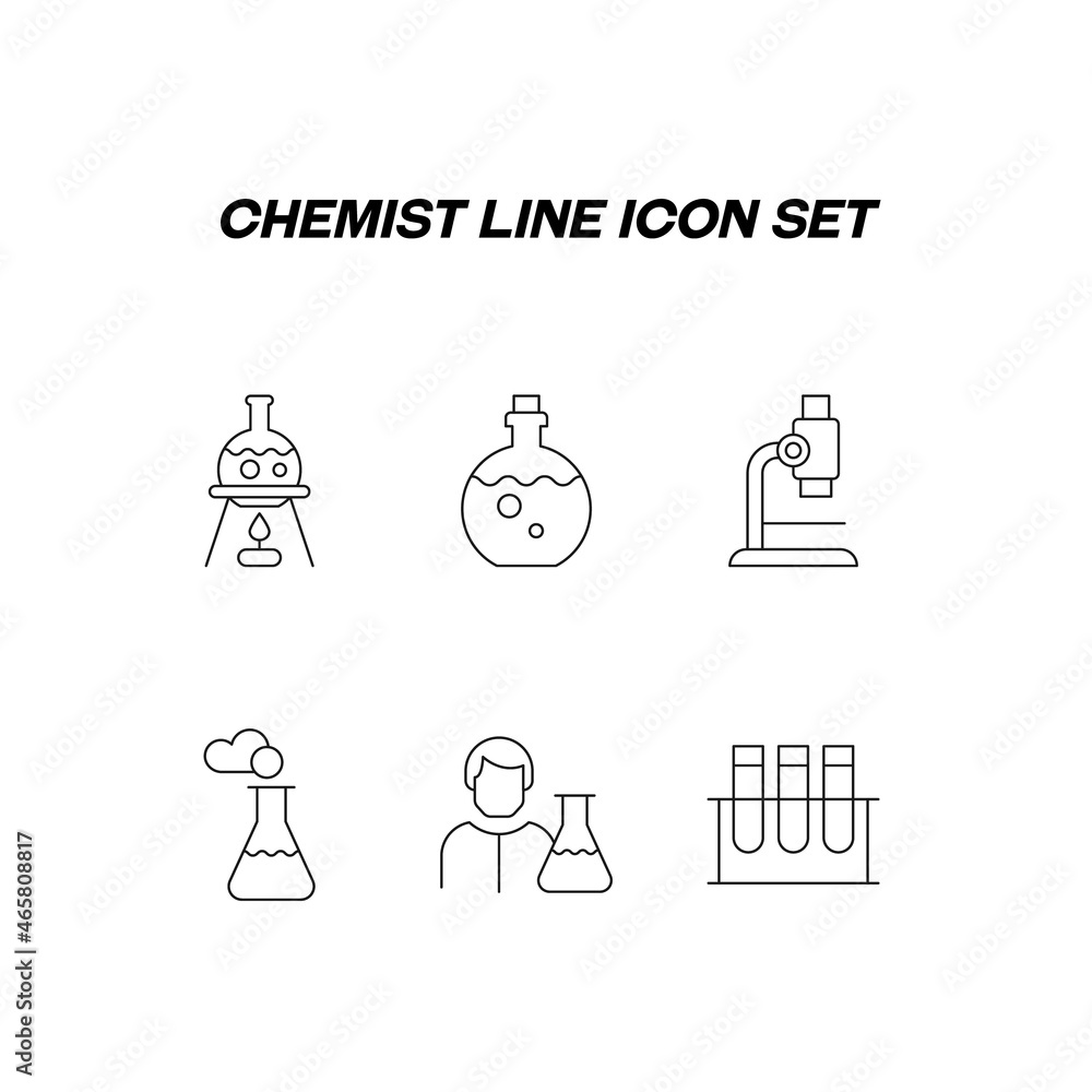 Chemist line icon set. Collection of vector signs in flat style isolated on white background. Line icons of chemical experiment, microscope, scientist, laboratory bulb Chemist line icon set. Collection of vector signs in flat style isolated on white background. Line icons of chemical experiment, microscope, scientist, laboratory bulb