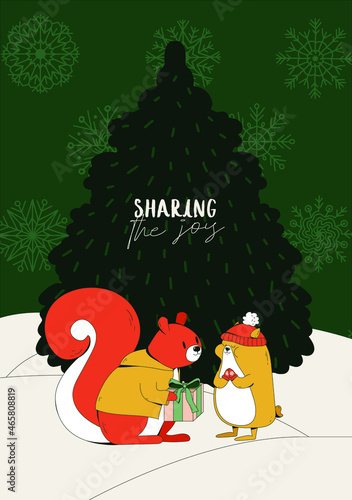 Vector illustration. Winter holidays greeting card with a cute hamster in hat, squirrel in jacket, presents and Christmas tree. Forest landscape festive drawing. Happy new year 2022.