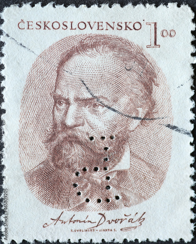 Czechoslovakia Circa 1951: A postage stamp printed in Czechoslovakia showing a portrait of the composer and musician Antonín Leopold Dvořák (1841-1904)