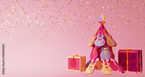 3d render of christmas tree made from guitars on pink background.