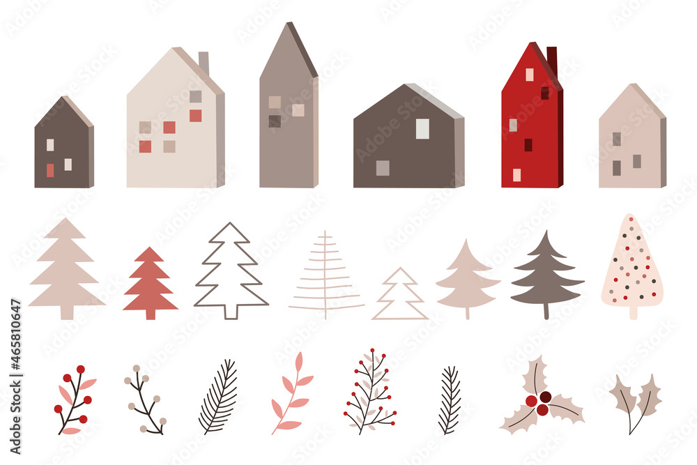 Vector hand drawn collection for Christmas and New Year. Doodle isolated illustration with houses, trees, branches. Winter holidays, baby shower, birthday, children's party Vector hand drawn collection for Christmas and New Year. Doodle isolated illustration with houses, trees, branches. Winter holidays, baby shower, birthday, children's party
