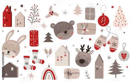 Vector hand drawn collection for Christmas and New Year. Doodle isolated illustration with houses, animals, trees, branches. Winter holidays, baby shower, birthday, children's party