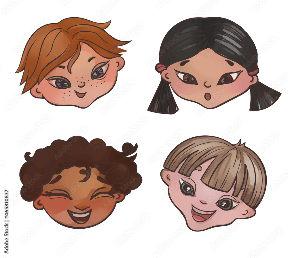 Kids faces expressions icon set. Happy Emotions of Children of different nationalities Kids faces expressions icon set. Happy Emotions of Children of different nationalities