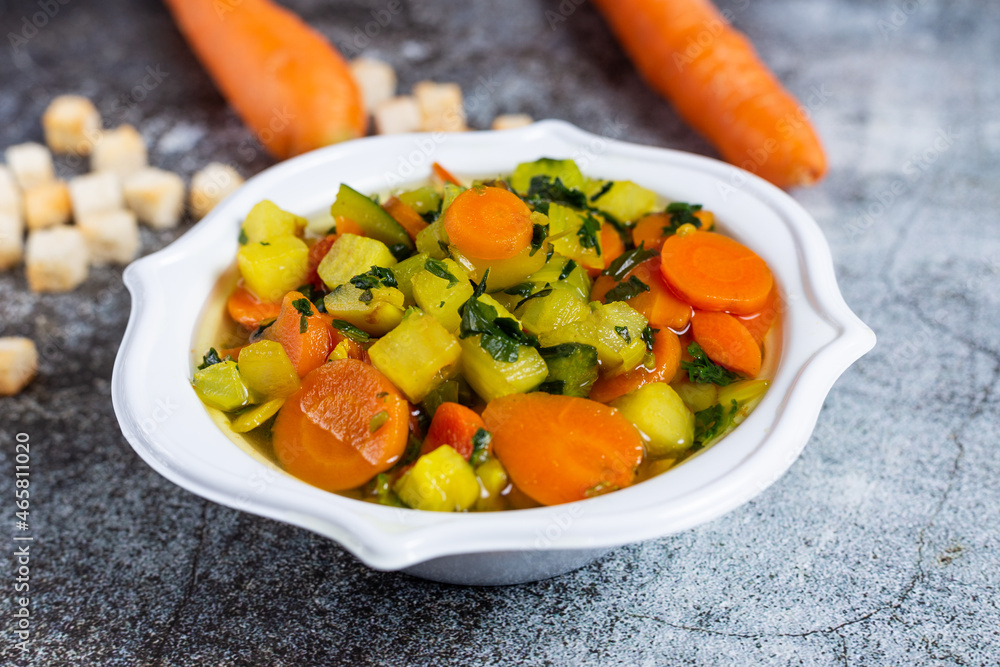 Minestrone soup with croutons, detox food for a light and healthy dinner. Ideal dish for a vegan diet. Minestrone soup with croutons, detox food for a light and healthy dinner. Ideal dish for a vegan diet.