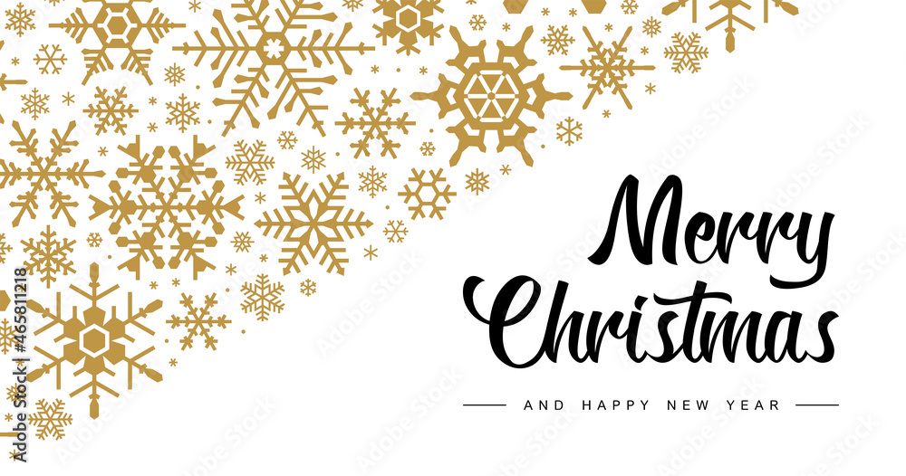 Merry Christmas and New Year typographical banner. Font & golden snowflakes on white background