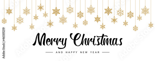 Merry Christmas and New Year typographical banner. Font & golden snowflakes on white background