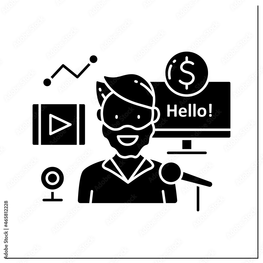 Profitable blogger glyph icon. Person with many subscribers. High influence on audience. Keep money from advertising. Small business owner.Filled flat signs. Isolated silhouette vector illustrations Profitable blogger glyph icon. Person with many subscribers. High influence on audience. Keep money from advertising. Small business owner.Filled flat signs. Isolated silhouette vector illustrations