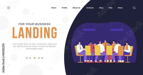 Business people or politicians sitting around table in boardroom. Flat vector illustration. .Team of men and women talking with leader or ceo. Negotiation, teamwork, session concept for banner design