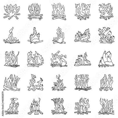Campfire, tourist fire, campfire flame. A set of vector icons,outline, isolated.