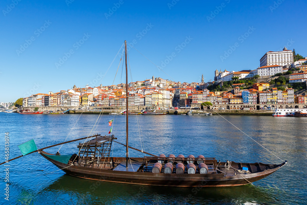 Porto Portugal old town buildings World Heritage with boat ship Douro river travel