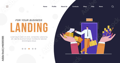 Sale of property rights metaphor flat vector illustration. Tiny cartoon business owner selling profitable company avoiding bankruptcy. Change, business, bargain, deal, buyout concept for banner design