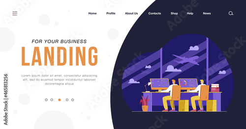 Air traffic control officer in front of monitors. Flat vector illustration. Two cartoon airline operators sitting in control tower with airplanes in background. Airplane, transport, occupation concept