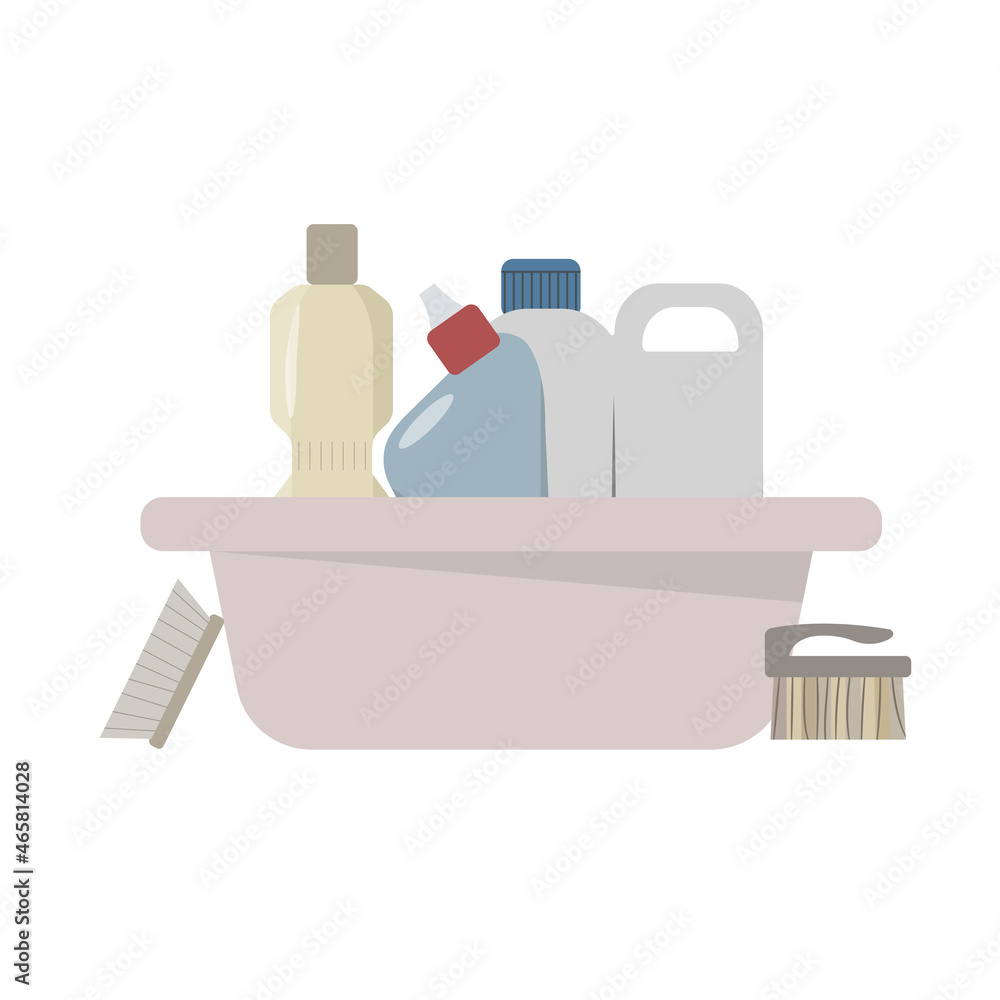 Detergent bottles. Cleaning supplies products, bleach bottle and plastic detergents containers. Vector.