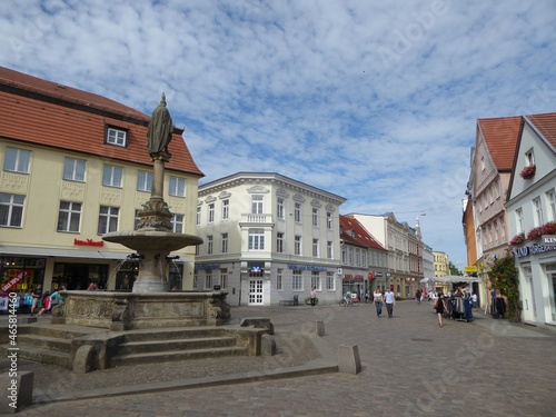 Pedestrian zone and Borwin fountain in Guestrow, Mecklenburg-Western Pomerania, Germany