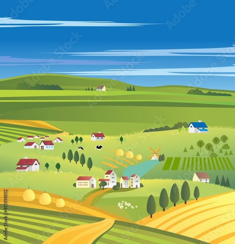 colorful composition with a rural landscape, farmland and houses 