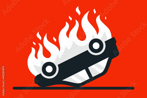 a burning overturned car crashed on the road. flat vector illustration.